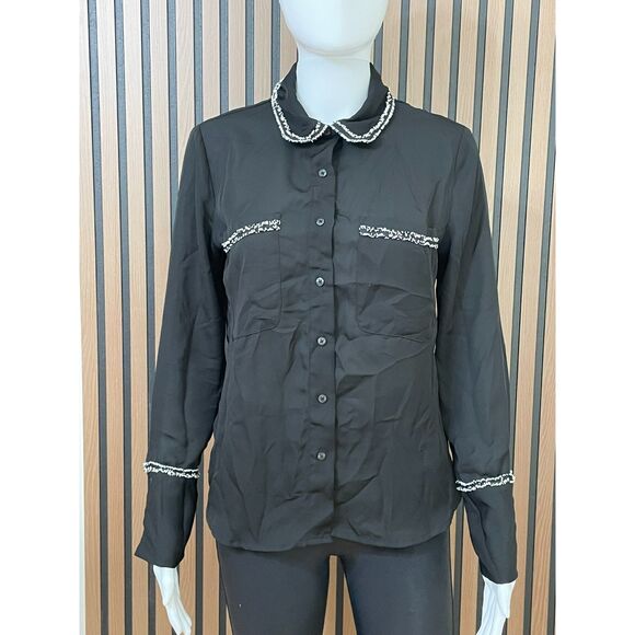 Laundry By Shelli Segal Women's XS Black Button-Up Polyester Shirt Boucle Trim - Picture 1 of 7